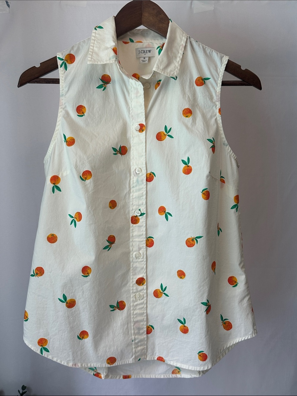 J.Crew White Citrus Orange Print Sleeveless Button Front Collared Blouse Size Sm